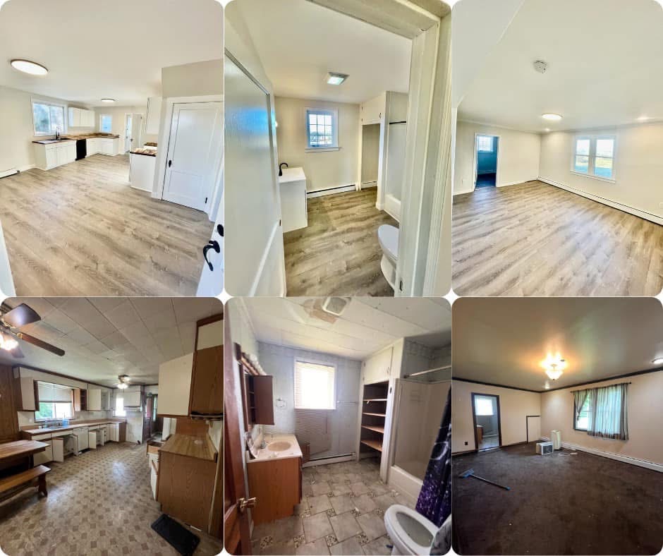 After renovation collage showing kitchen, bath, and living areas